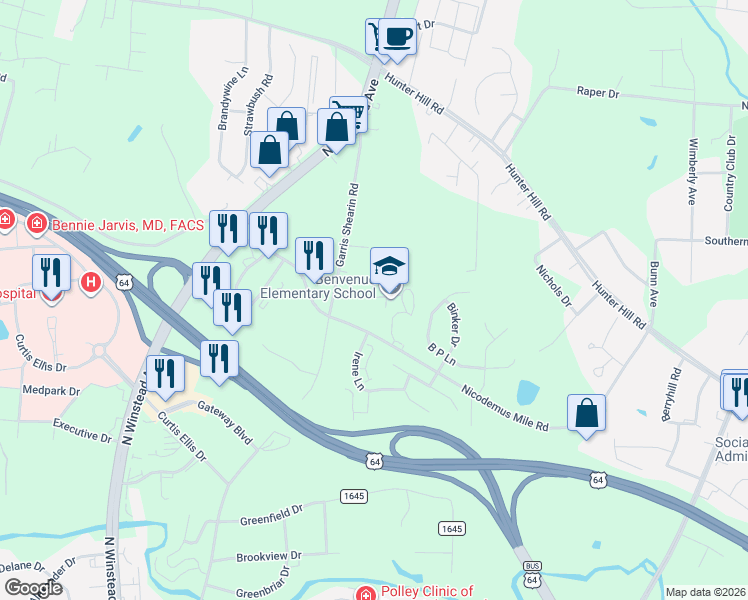 map of restaurants, bars, coffee shops, grocery stores, and more near 2007 Nicodemus Mile Road in Rocky Mount