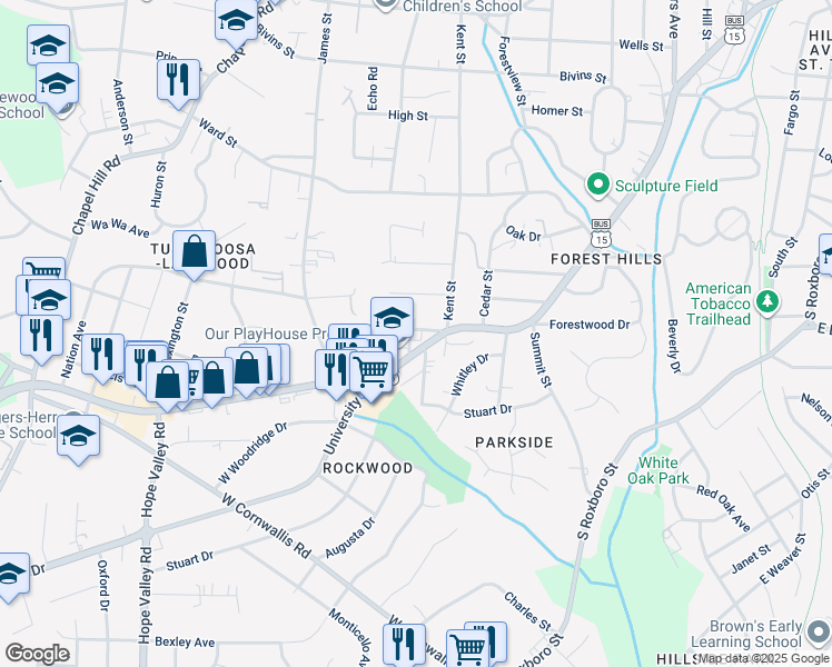 map of restaurants, bars, coffee shops, grocery stores, and more near 2400 University Drive in Durham