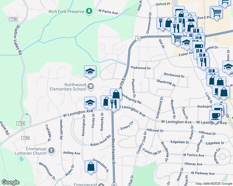 map of restaurants, bars, coffee shops, grocery stores, and more near 711 Rockspring Road in High Point