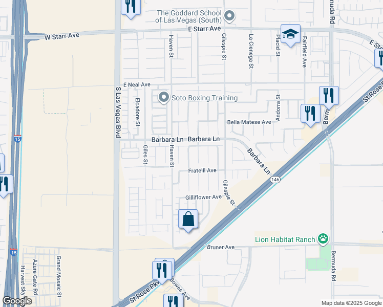 map of restaurants, bars, coffee shops, grocery stores, and more near 11746 Magliana Street in Las Vegas