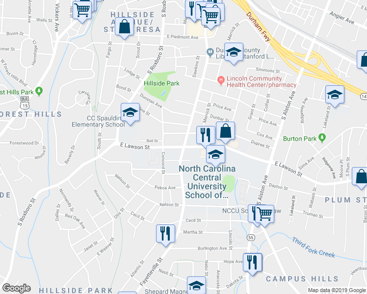 map of restaurants, bars, coffee shops, grocery stores, and more near 1800 Fayetteville Street in Durham
