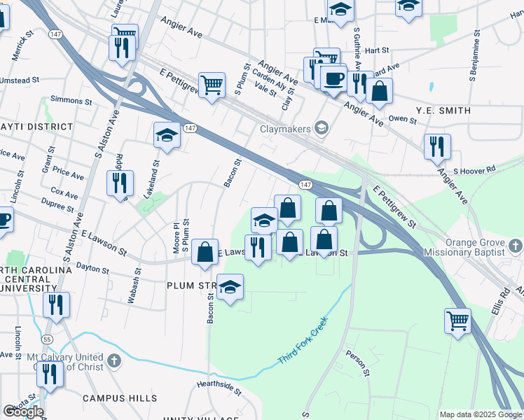 map of restaurants, bars, coffee shops, grocery stores, and more near 630 Middle Street in Durham