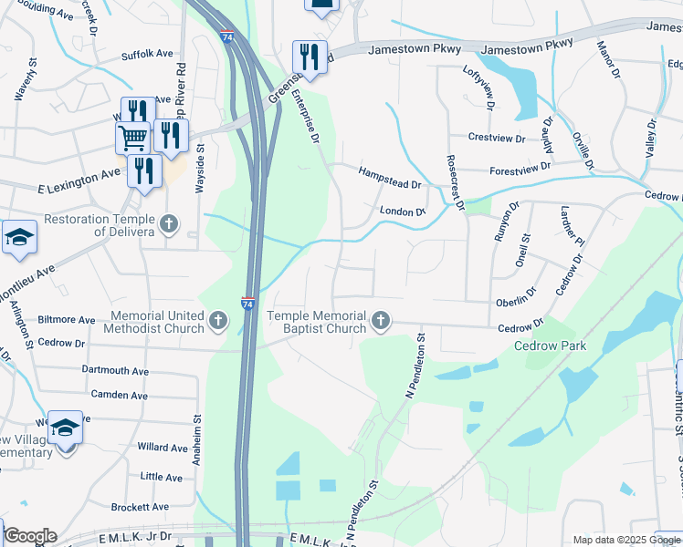 map of restaurants, bars, coffee shops, grocery stores, and more near 1006 Enterprise Drive in High Point
