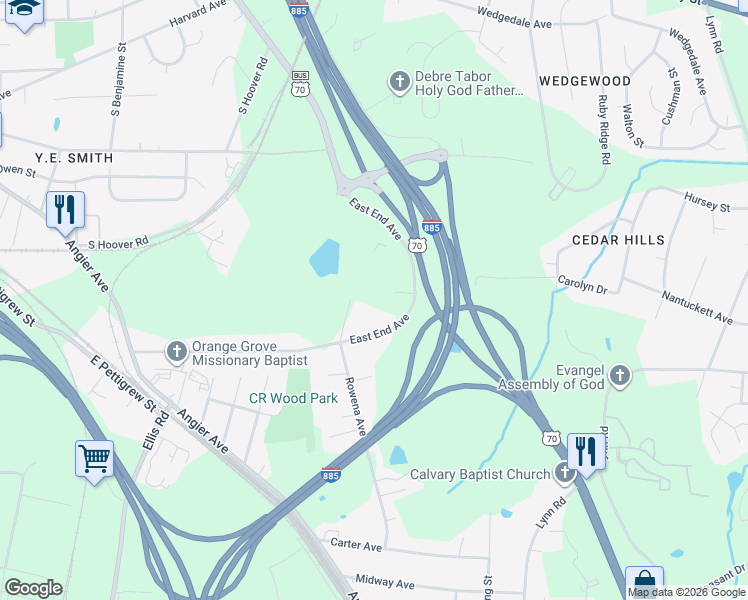 map of restaurants, bars, coffee shops, grocery stores, and more near 131 Dural Road in Durham
