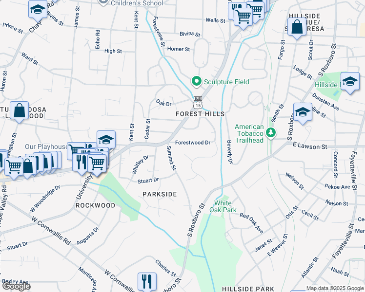 map of restaurants, bars, coffee shops, grocery stores, and more near 112 Forestwood Drive in Durham