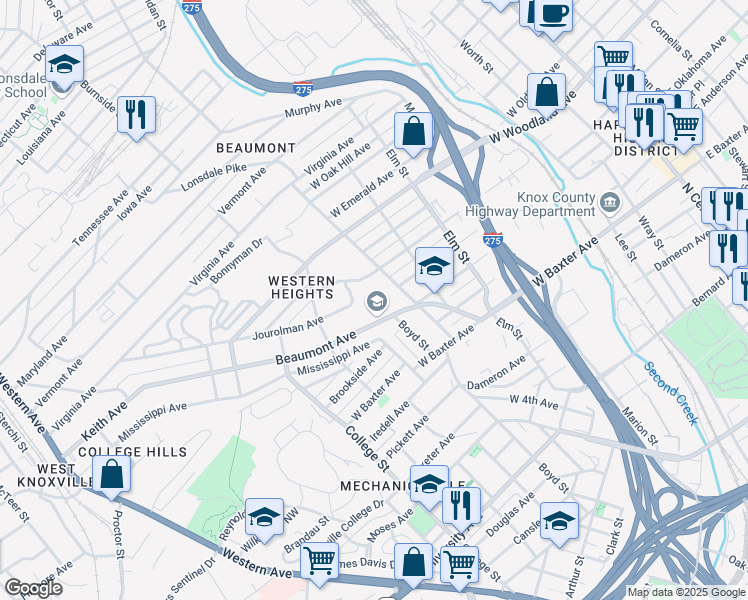 map of restaurants, bars, coffee shops, grocery stores, and more near 1211 Beaumont Avenue in Knoxville