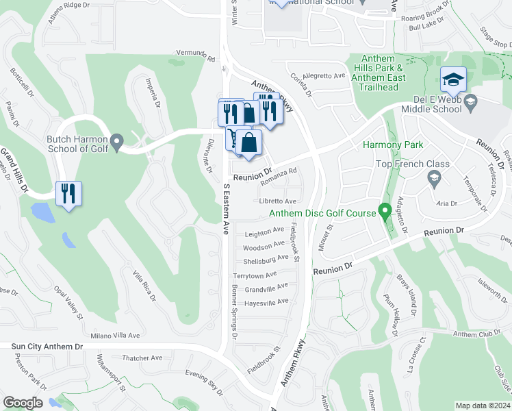 map of restaurants, bars, coffee shops, grocery stores, and more near 2541 Libretto Avenue in Henderson