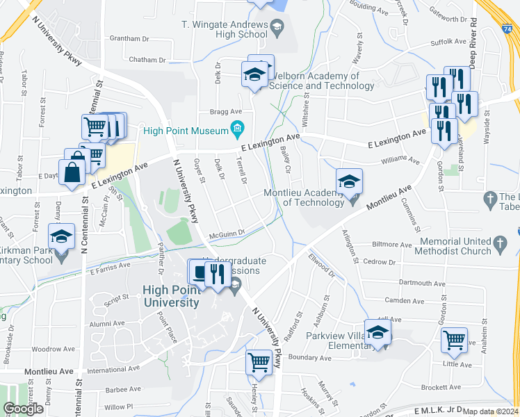 map of restaurants, bars, coffee shops, grocery stores, and more near 1106 Terrell Drive in High Point