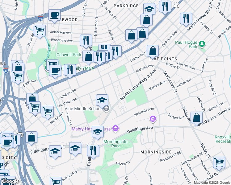 map of restaurants, bars, coffee shops, grocery stores, and more near 206 South Bertrand Street in Knoxville