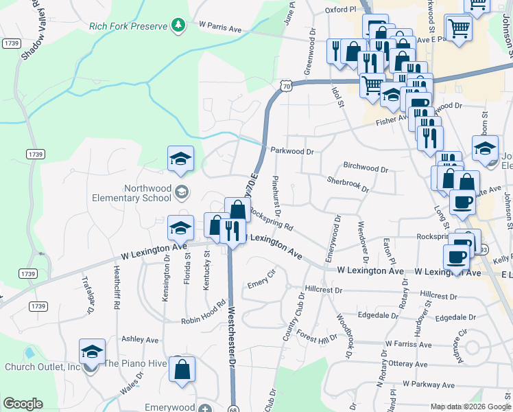 map of restaurants, bars, coffee shops, grocery stores, and more near 711 Rockspring Road in High Point