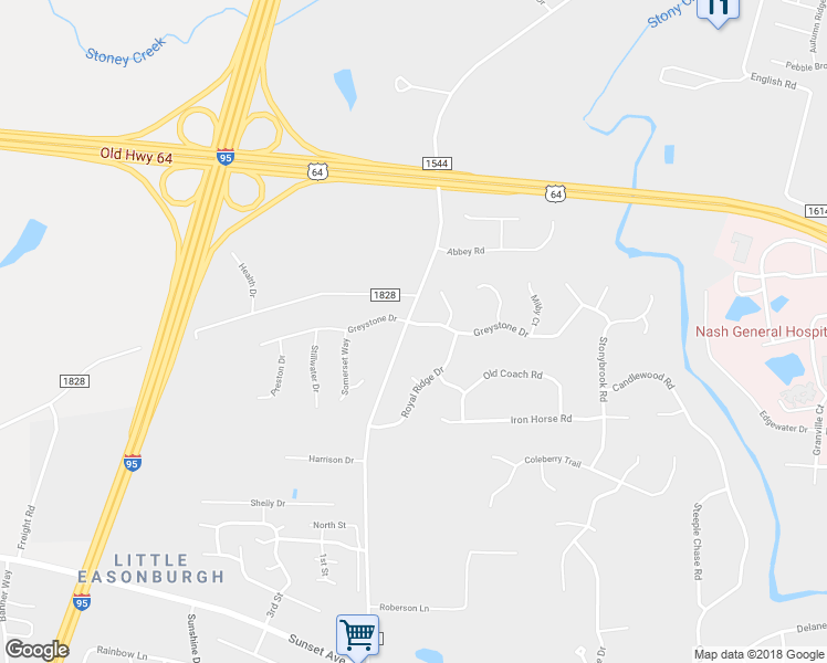 map of restaurants, bars, coffee shops, grocery stores, and more near 3213 Greystone Drive in Rocky Mount