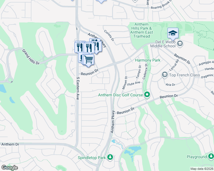map of restaurants, bars, coffee shops, grocery stores, and more near 2507 Libretto Avenue in Henderson