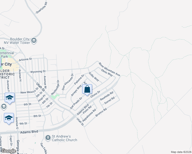 map of restaurants, bars, coffee shops, grocery stores, and more near 1117 Grillo Way in Boulder City