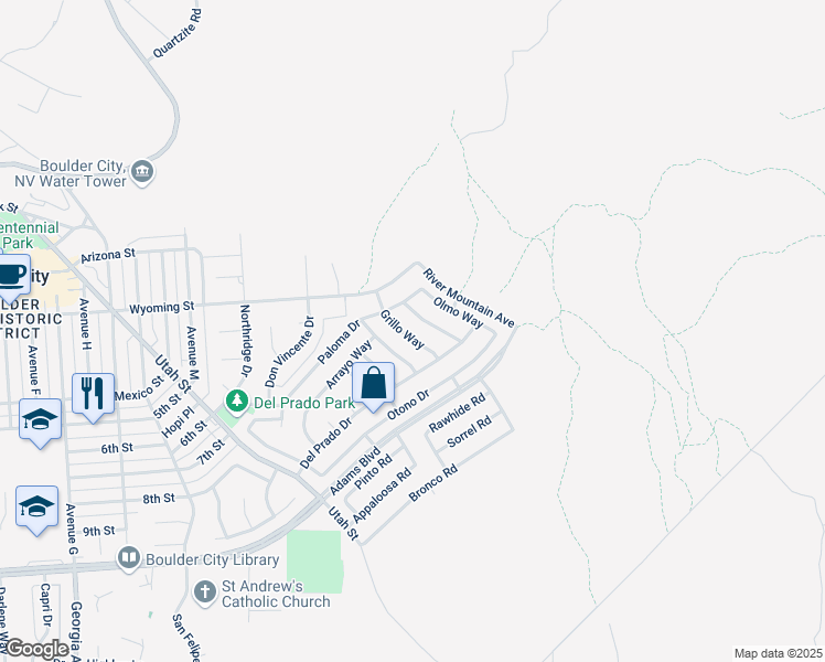 map of restaurants, bars, coffee shops, grocery stores, and more near 1117 Grillo Way in Boulder City