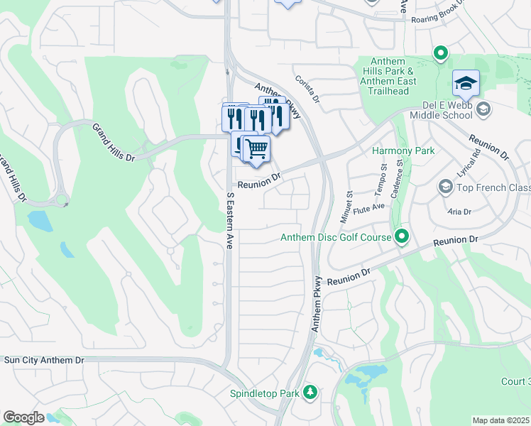 map of restaurants, bars, coffee shops, grocery stores, and more near 2537 Libretto Avenue in Henderson