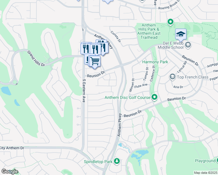 map of restaurants, bars, coffee shops, grocery stores, and more near 2515 Libretto Avenue in Henderson