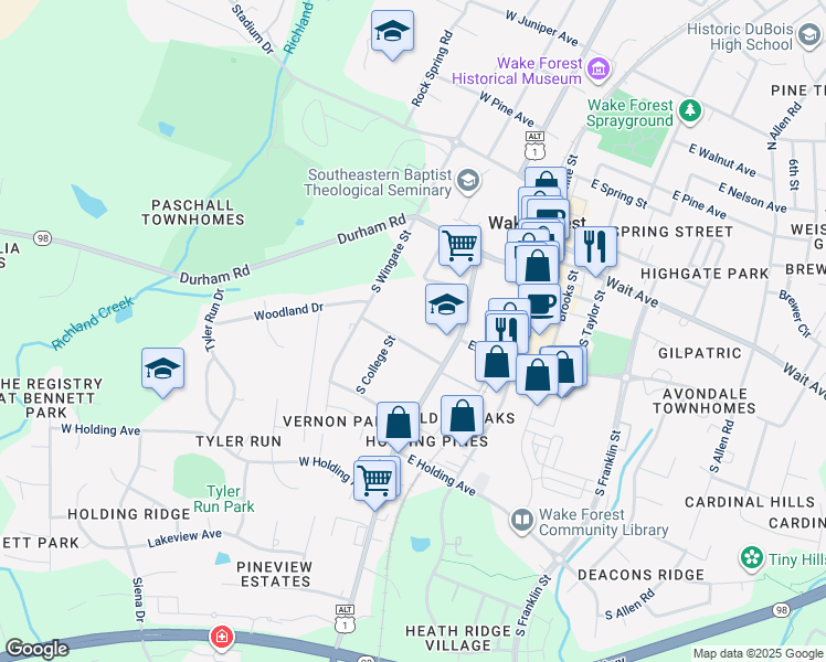 map of restaurants, bars, coffee shops, grocery stores, and more near 136 West Sycamore Avenue in Wake Forest