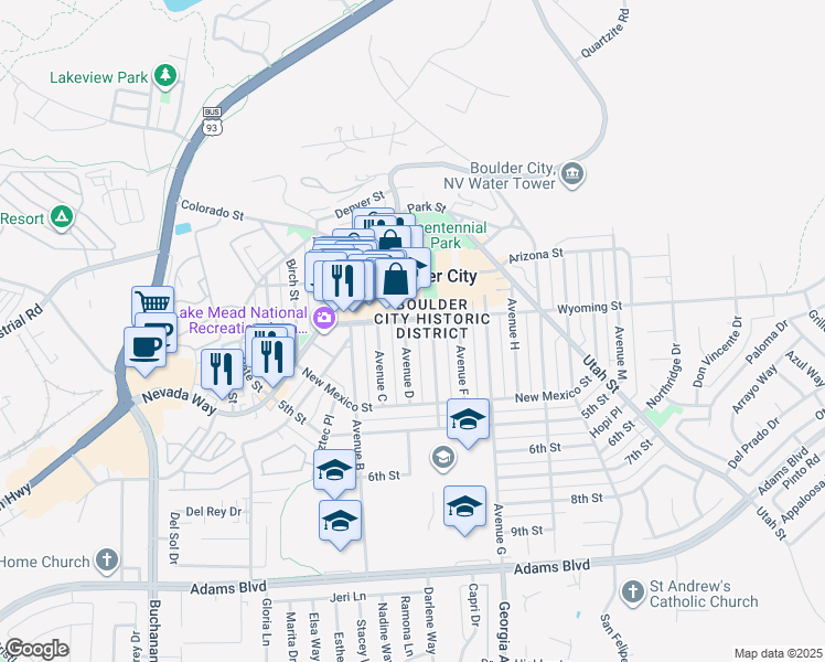 map of restaurants, bars, coffee shops, grocery stores, and more near in Boulder City
