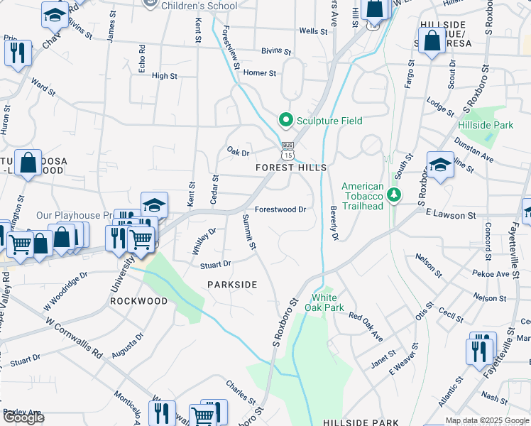 map of restaurants, bars, coffee shops, grocery stores, and more near 112 Forestwood Drive in Durham