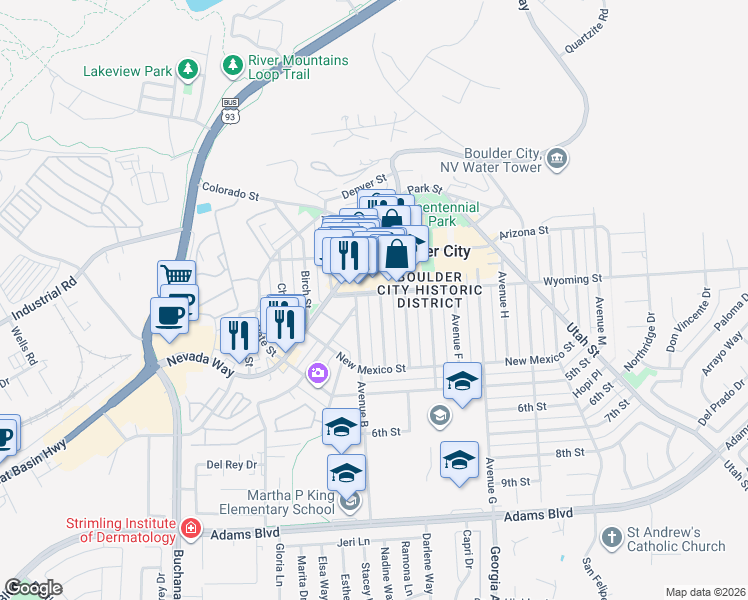 map of restaurants, bars, coffee shops, grocery stores, and more near 615 Avenue B in Boulder City