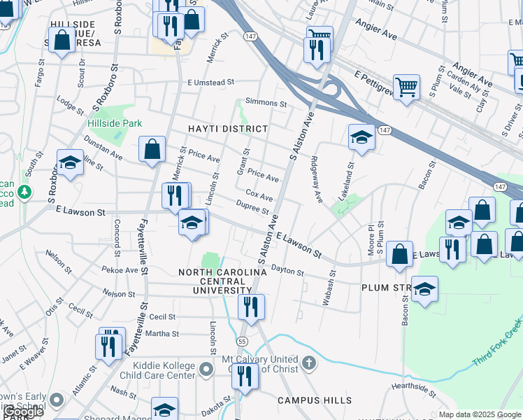 map of restaurants, bars, coffee shops, grocery stores, and more near 829 East Lawson Street in Durham