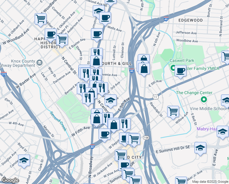 map of restaurants, bars, coffee shops, grocery stores, and more near 705 Deery Street in Knoxville