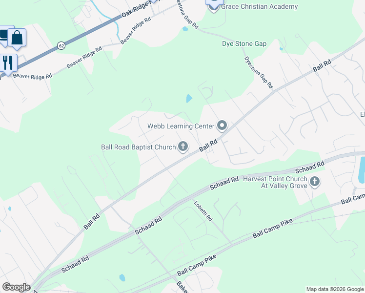 map of restaurants, bars, coffee shops, grocery stores, and more near 6323 Ball Road in Knoxville