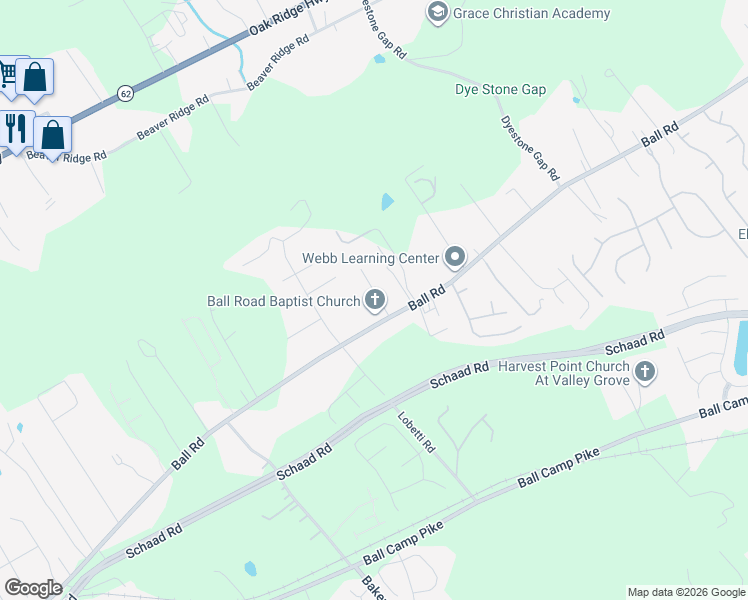 map of restaurants, bars, coffee shops, grocery stores, and more near 6323 Ball Road in Knoxville