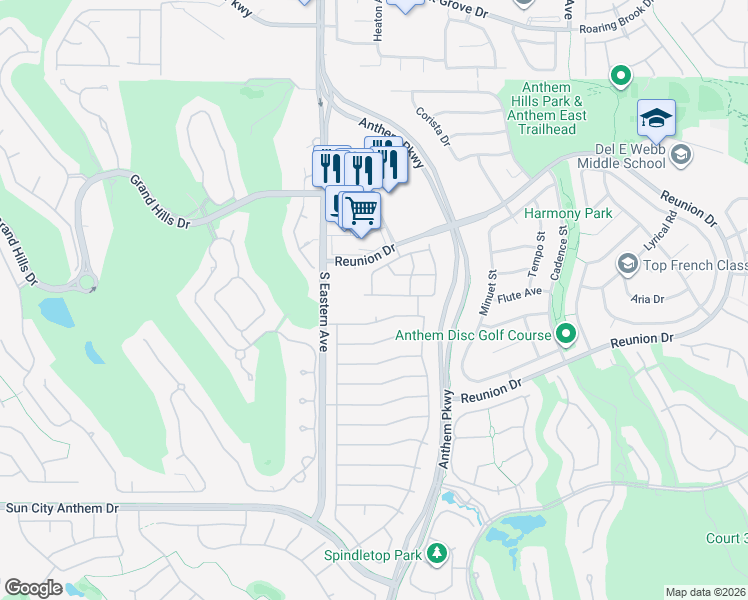 map of restaurants, bars, coffee shops, grocery stores, and more near 2537 Libretto Avenue in Henderson
