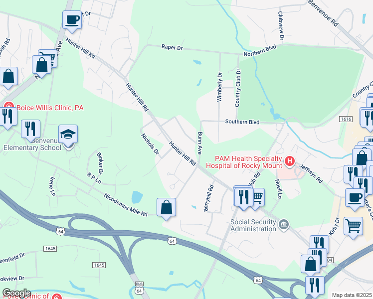 map of restaurants, bars, coffee shops, grocery stores, and more near 1830 Hunter Hill Road in Rocky Mount