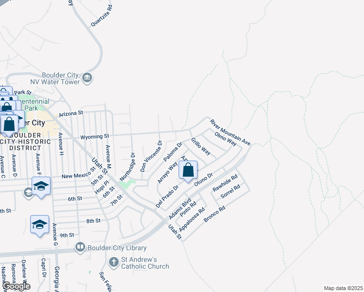 map of restaurants, bars, coffee shops, grocery stores, and more near 625 Paloma Drive in Boulder City