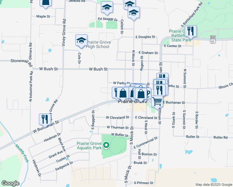 map of restaurants, bars, coffee shops, grocery stores, and more near 200 West Buchanan Street in Prairie Grove