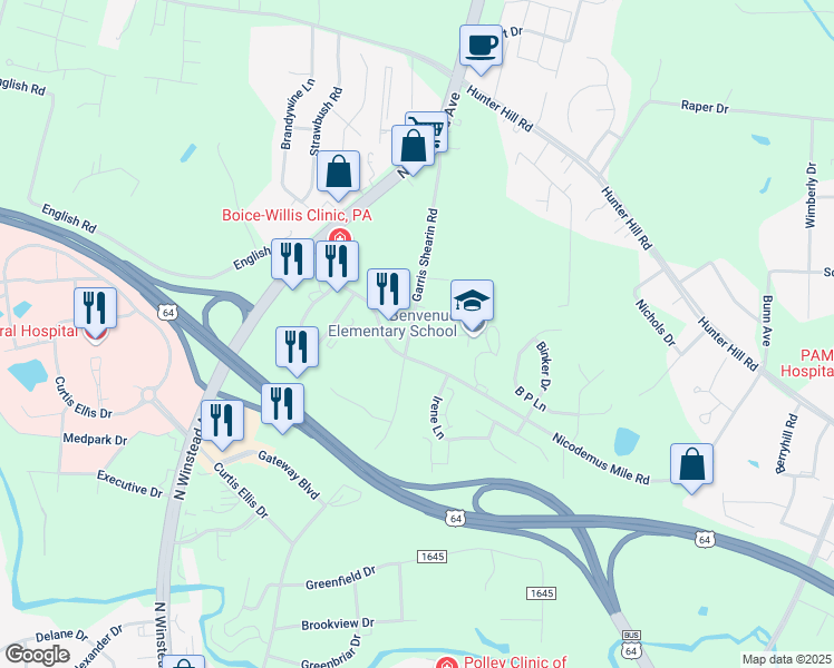 map of restaurants, bars, coffee shops, grocery stores, and more near 725 Garris Shearin Road in Rocky Mount