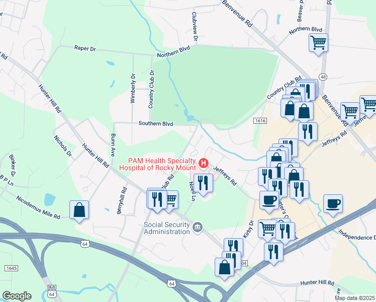 map of restaurants, bars, coffee shops, grocery stores, and more near 108 Cobblestone Court in Rocky Mount
