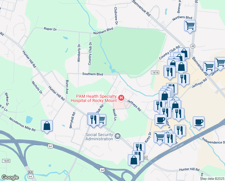 map of restaurants, bars, coffee shops, grocery stores, and more near 108 Cobblestone Court in Rocky Mount