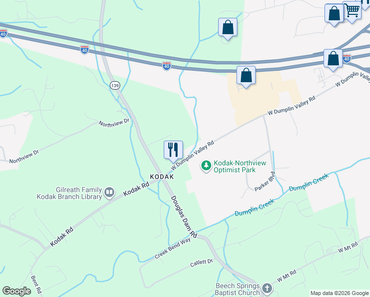 map of restaurants, bars, coffee shops, grocery stores, and more near 346 West Dumplin Valley Road in Kodak