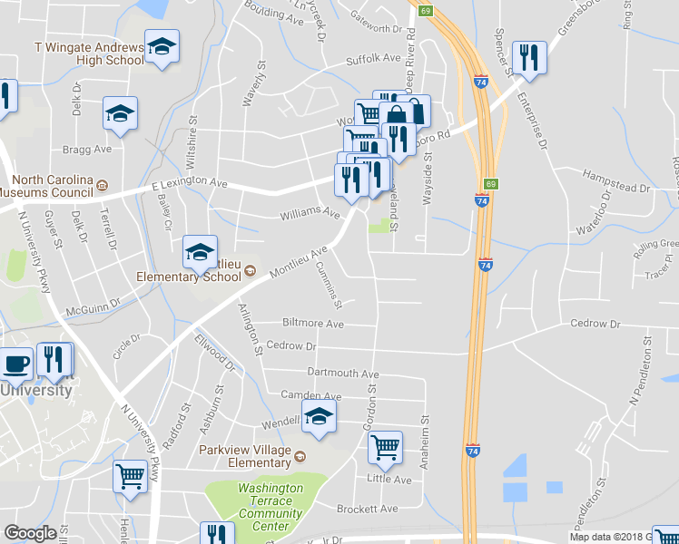 map of restaurants, bars, coffee shops, grocery stores, and more near 1214 Kimery Drive in High Point