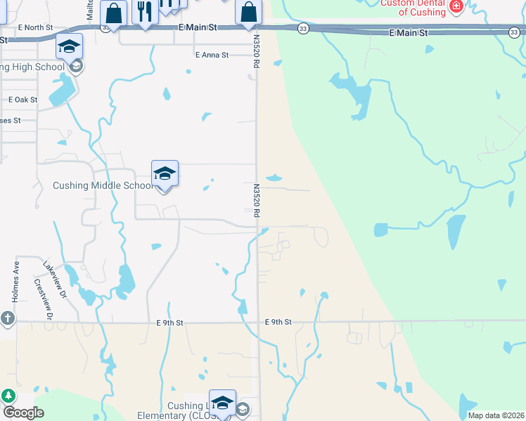 map of restaurants, bars, coffee shops, grocery stores, and more near 2408 East 5th Street in Cushing
