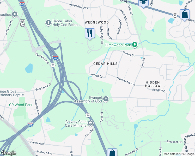 map of restaurants, bars, coffee shops, grocery stores, and more near 2970 Carolyn Drive in Durham