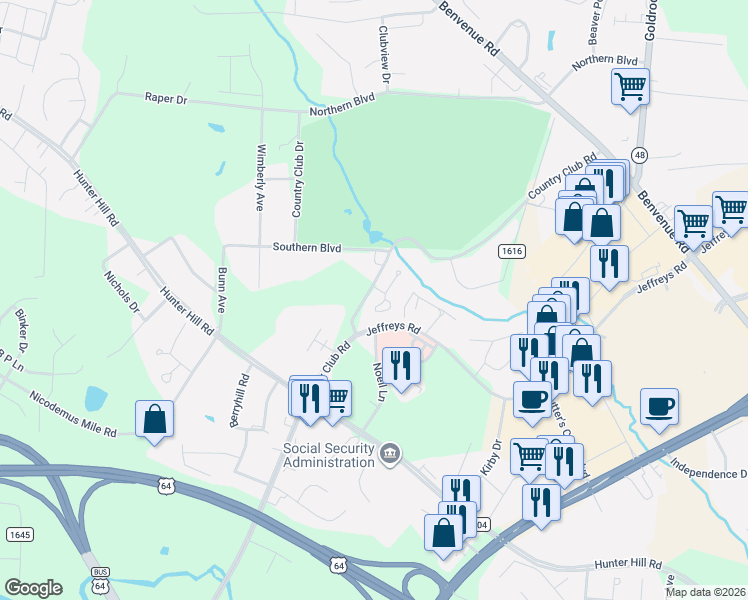 map of restaurants, bars, coffee shops, grocery stores, and more near 128 Cobblestone Ct in Rocky Mt