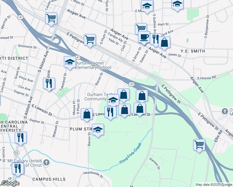 map of restaurants, bars, coffee shops, grocery stores, and more near Middle Street in Durham
