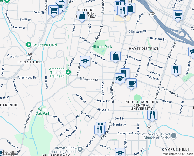 map of restaurants, bars, coffee shops, grocery stores, and more near 1900 Concord Street in Durham