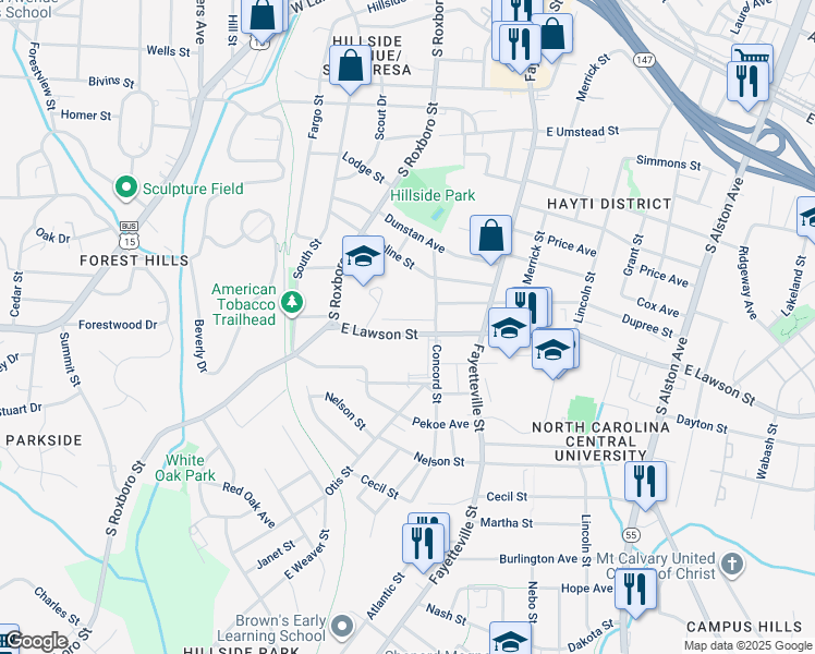 map of restaurants, bars, coffee shops, grocery stores, and more near in Durham