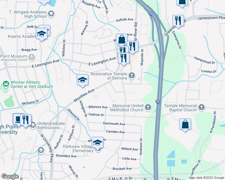 map of restaurants, bars, coffee shops, grocery stores, and more near 1214 Kimery Drive in High Point