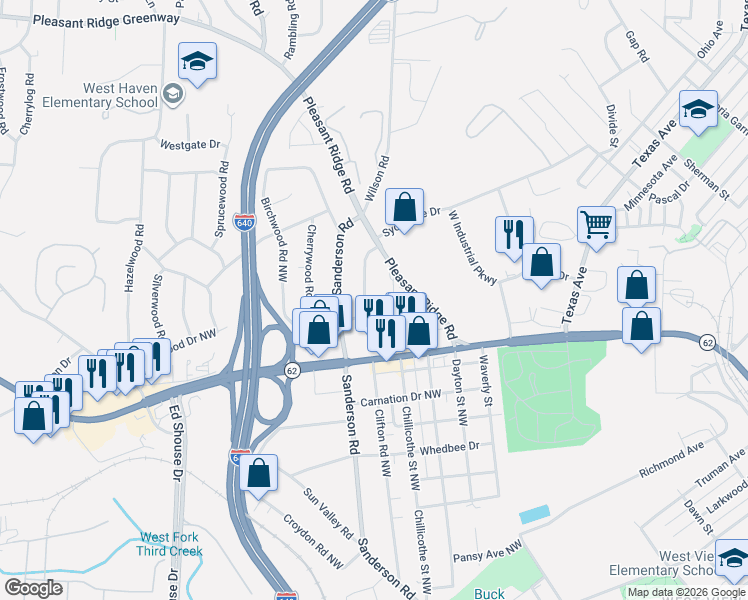 map of restaurants, bars, coffee shops, grocery stores, and more near 3818 Orangewood Road Northwest in Knoxville