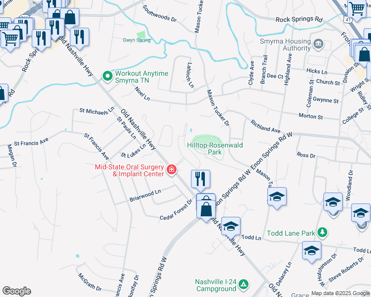 map of restaurants, bars, coffee shops, grocery stores, and more near 103 Marie Drive in Smyrna