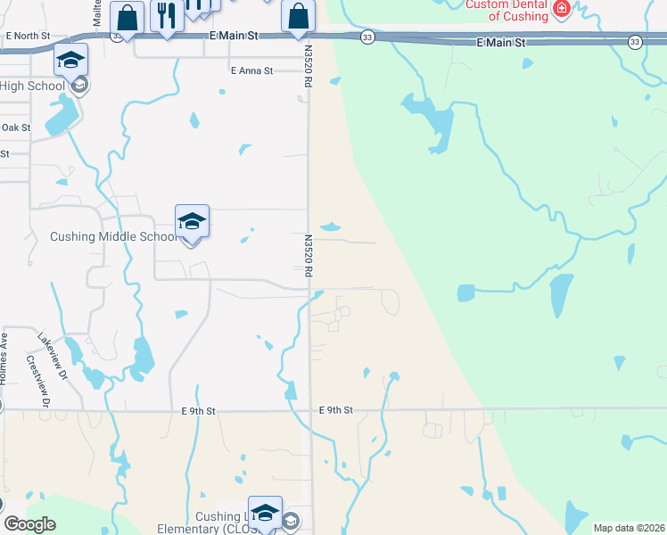 map of restaurants, bars, coffee shops, grocery stores, and more near 2408 East 5th Street in Cushing