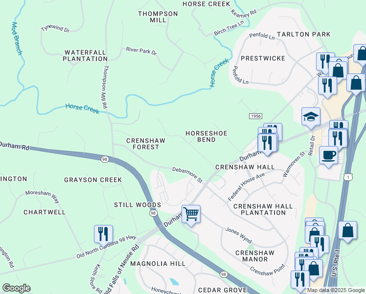 map of restaurants, bars, coffee shops, grocery stores, and more near 115 Fawn Drive in Wake Forest