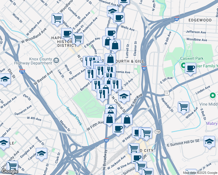 map of restaurants, bars, coffee shops, grocery stores, and more near 447 North Broadway in Knoxville