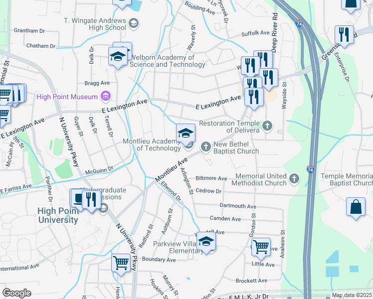 map of restaurants, bars, coffee shops, grocery stores, and more near 1105 Montlieu Avenue in High Point